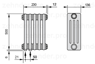 Схема (чертеж) Радиатор Zehnder Charleston 4050/5 №3370 Белый глянцевый RAL 9016